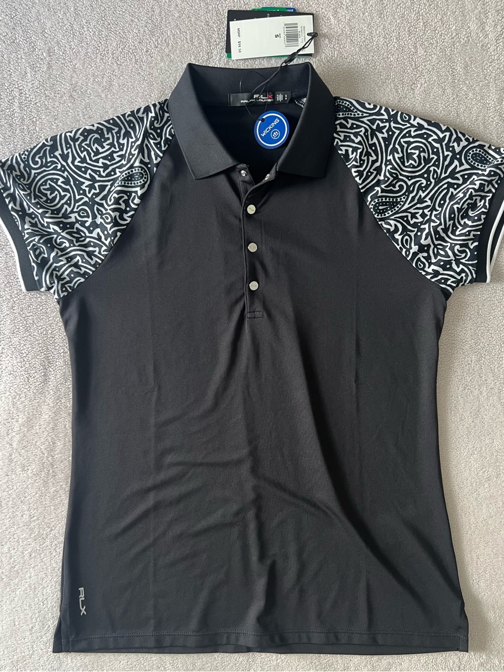 NWT Women’s Small RLX Ralph Lauren Black Performance Wicking Polo Shirt Paisley